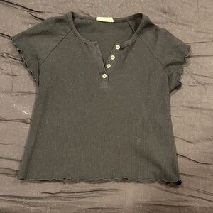 Black Ribbed Henley Crop Top with Button Placket